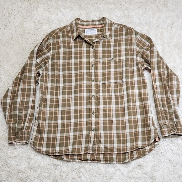 REI Co-Op Northwoods Button-up Shirt Tan Green Pink Sz Large Plaid 100% Cotton - Picture 3 of 11